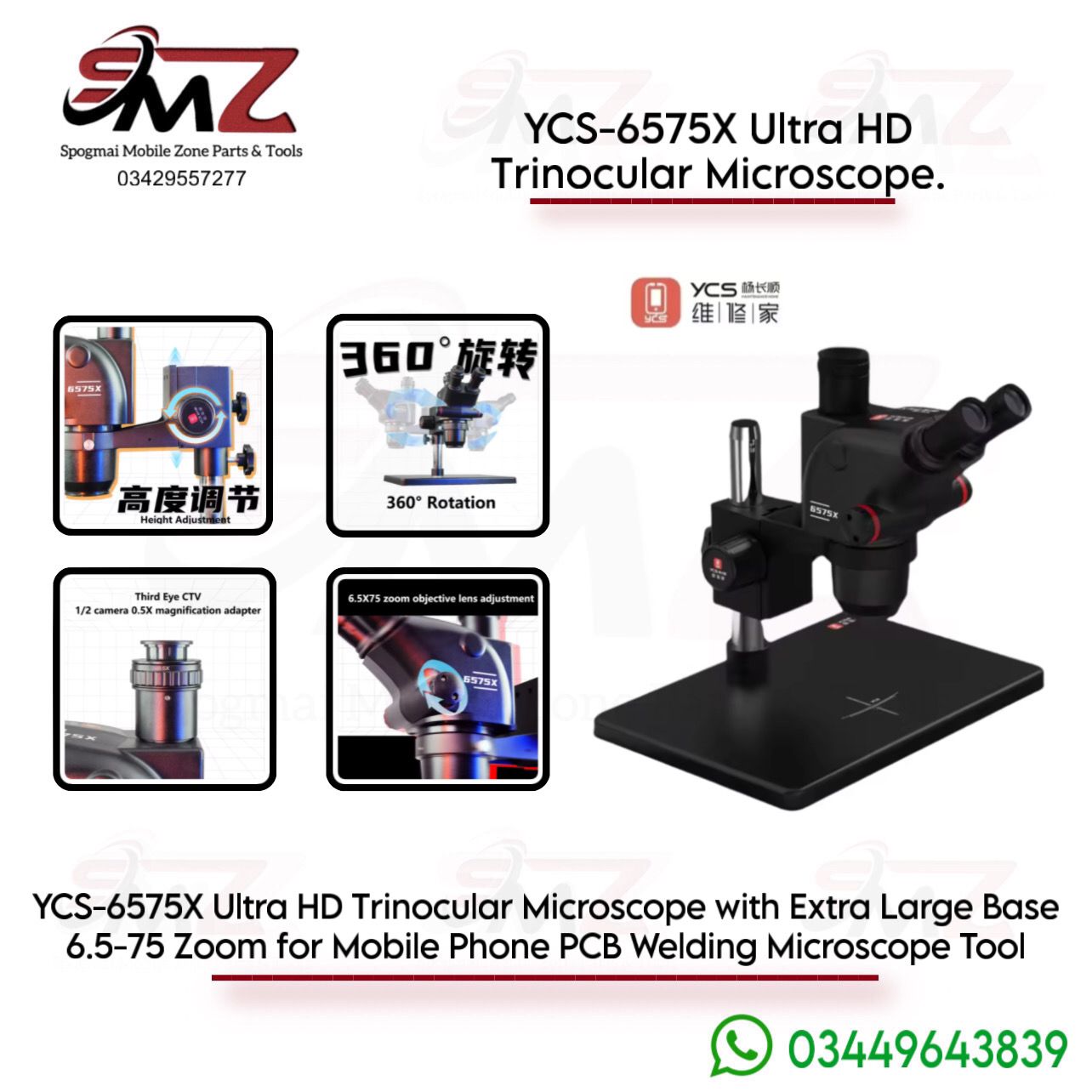 YCS 6575X ULTRA HD TRINOCULAR STEREO MICROSCOPE WF10X23