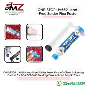 ONE-STOP 10cc syringe of UV559 lead-free, no-clean solder flux paste.