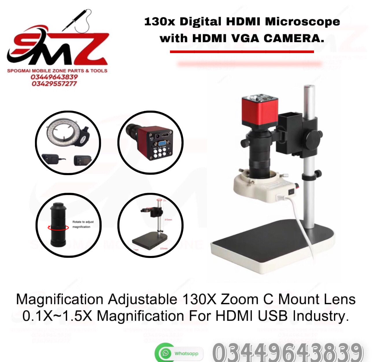 48 Megapixel 4K HDMI/USB Industrial Digital Microscope with a 130X C-mount Zoom Lens