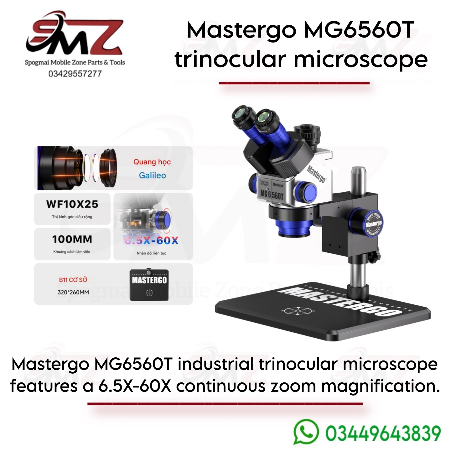Mastergo MG6560T trinocular stereo microscope.