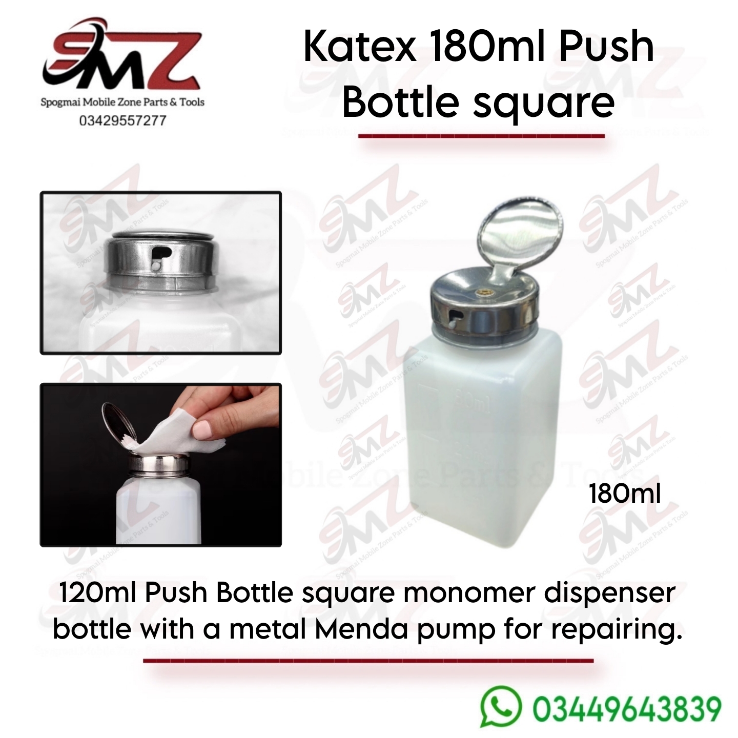 KATEX 180ml Push Bottle Square is a monomer dispenser bottle
